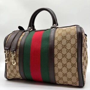 Gucci Tan and Brown Monogram Bag with Green and Red Stripe